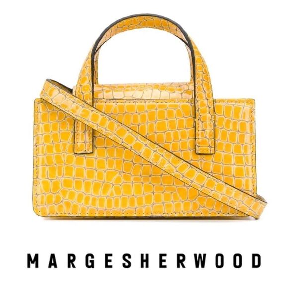 Marge Sherwood Gold Pebbled Croc Print Accordion Mini Handled Purse - Picture 1 of 16